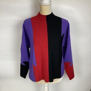 Vintage 90s High Neck Colorblock Wool Sweater Size Small Helen Hsu